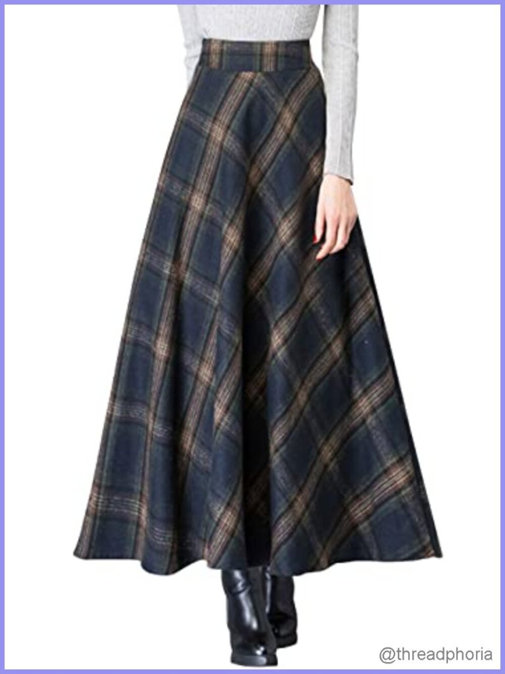 Wool Blend Plaid High Waist A-Line Maxi Skirt with Pockets